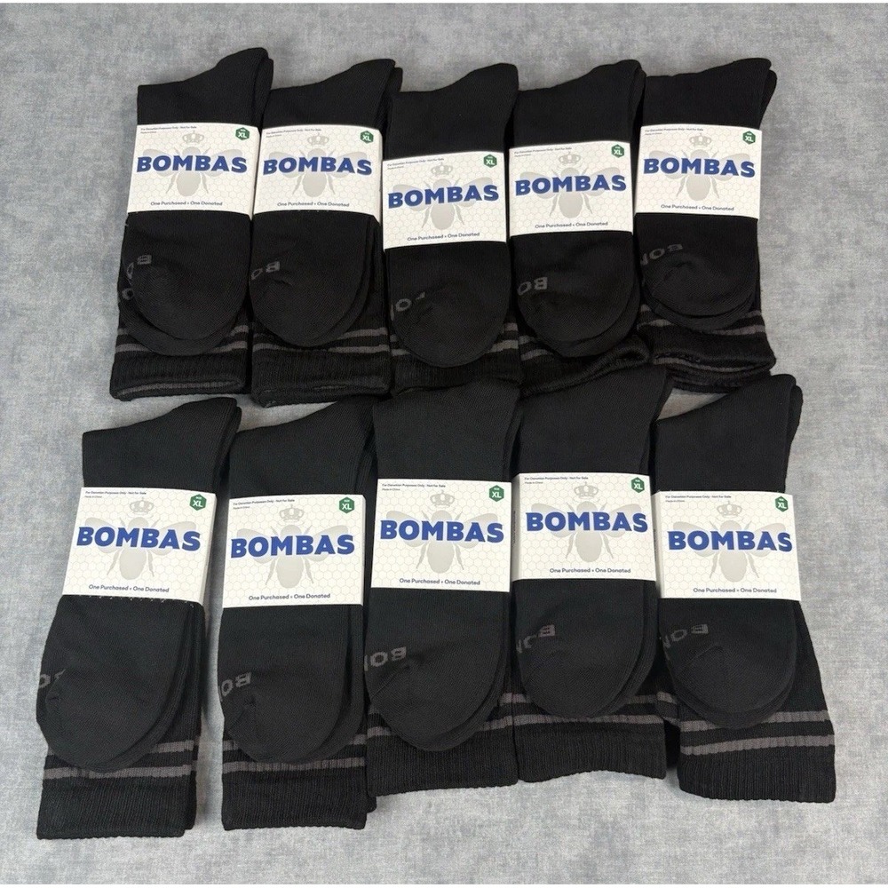 Bombas Crew Socks Lot of 10 XL Black Cushioned Honeycomb Arch Support New